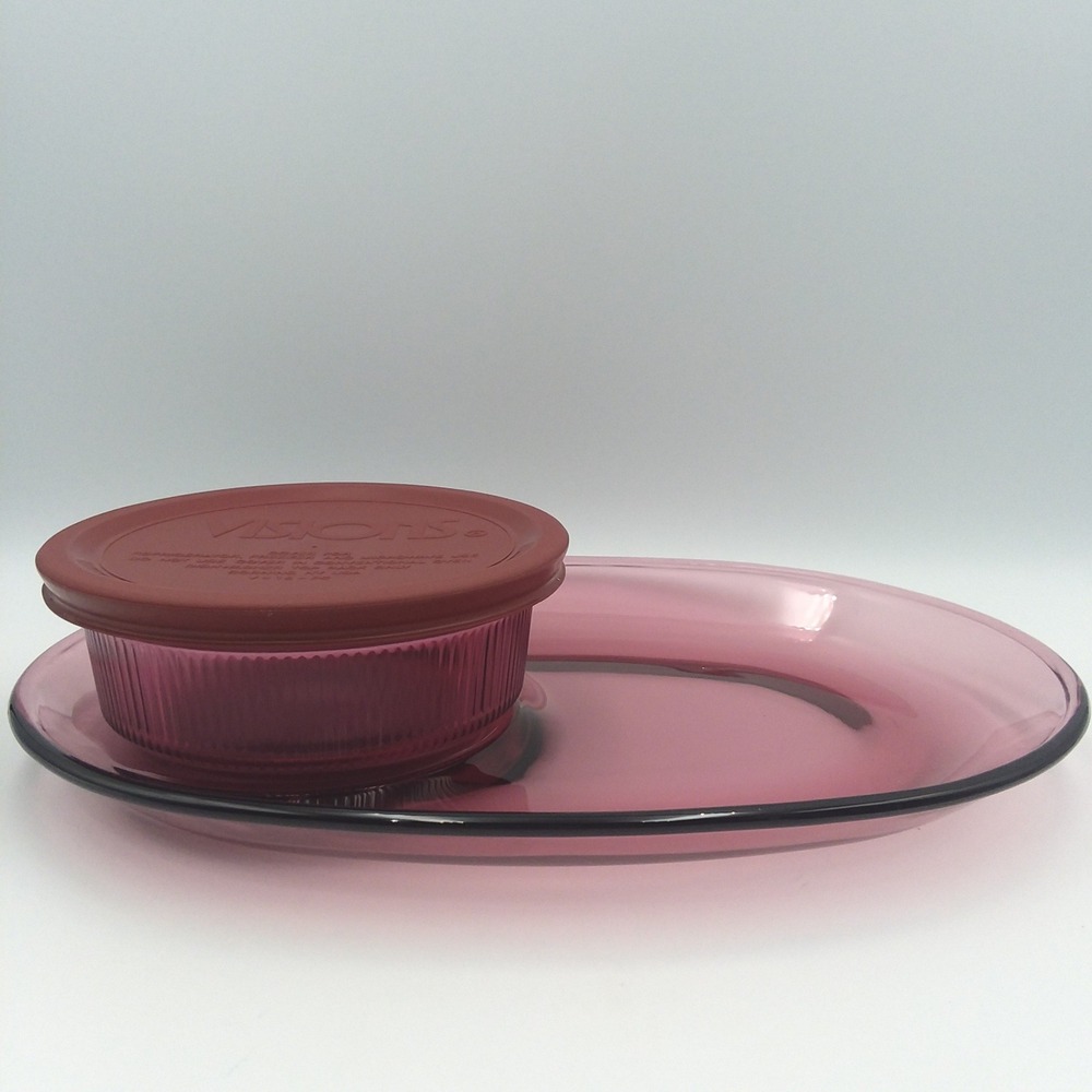 Corning Visions Cranberry Sandwich Plate‎ H118 1 Pt Round Bowl C16B Discontinued